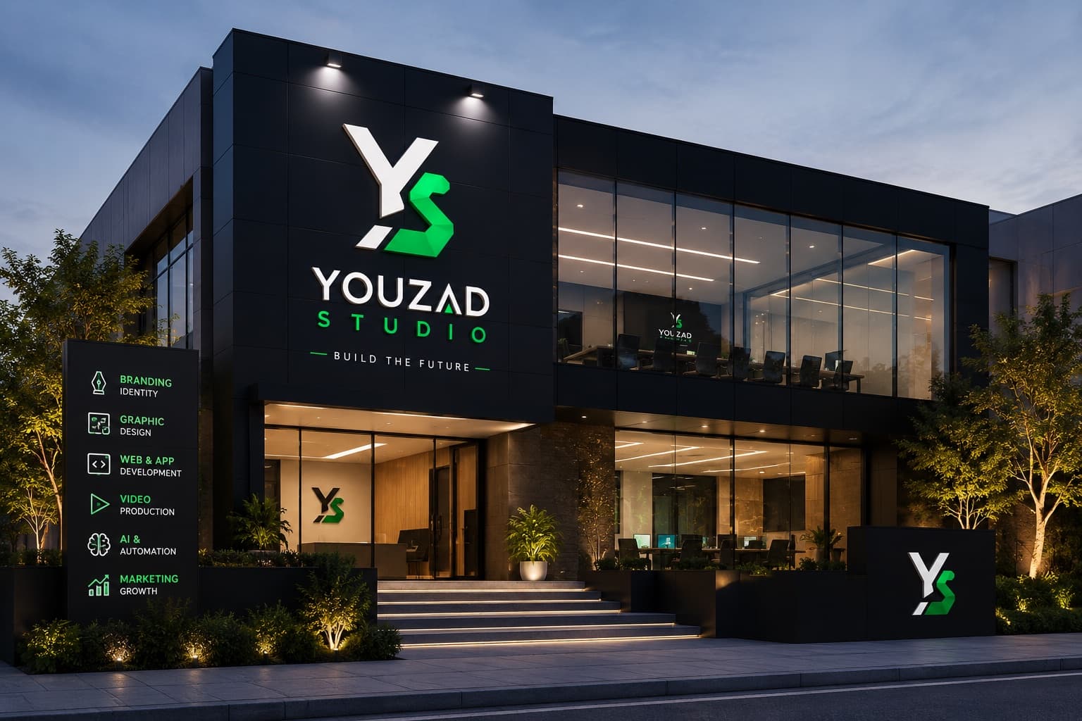 Youzad Studio building exterior at dusk
